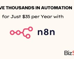 Promotional graphic for n8n automation tool. Text reads "Save Thousands in Automation for Just $35 per Year with n8n and save money." BizStack logo is displayed on the bottom right.