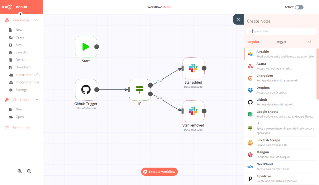 Screenshot of an n8n automation workflow editor displaying a flowchart with multiple connected nodes, including triggers for GitHub, and conditions for adding or removing stars to repository projects.