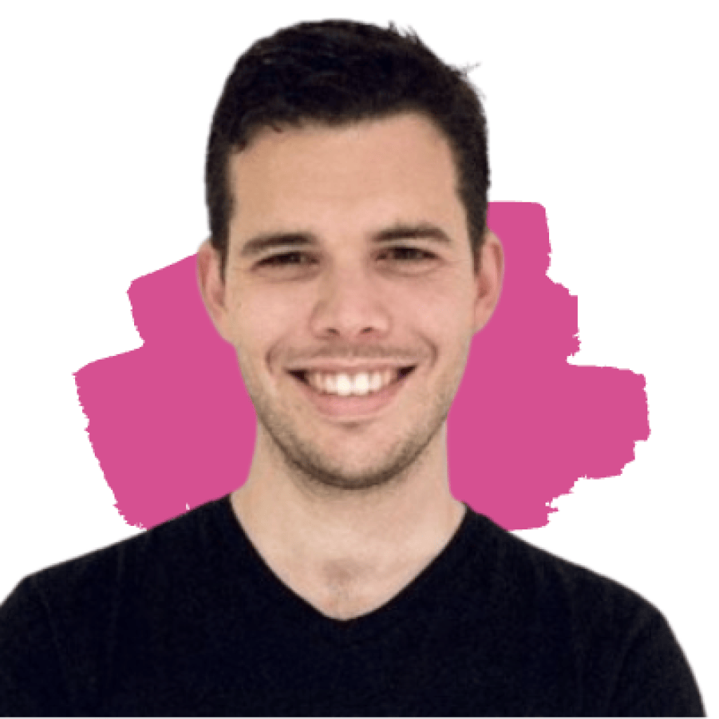 Stephane Nasser, a man with short dark hair and a beard, smiles while wearing a black shirt, set against a pink abstract background.