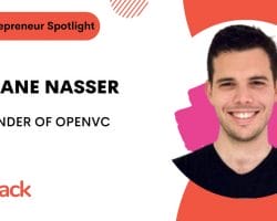 Stephane Nasser, co-founder of OpenVC, is featured in the BizStack Entrepreneur Spotlight. He is smiling with a pink graphic behind him and BizStack logos on the image.