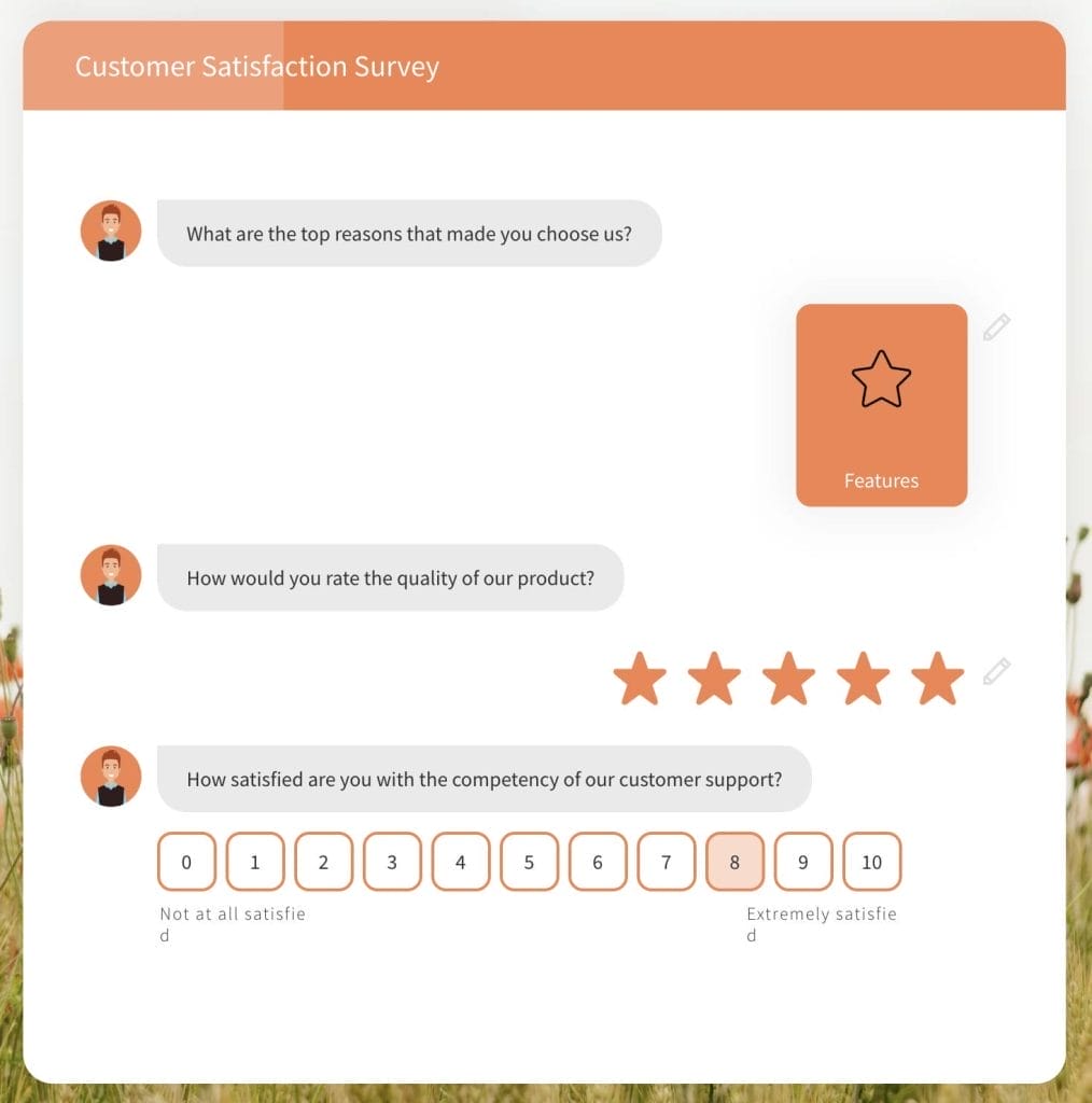 A customer satisfaction survey crafted using SurveySparrow includes questions on reasons for choosing a service, product quality rating, and customer support competency. Rating scales feature stars and a 0-10 range for comprehensive feedback.
