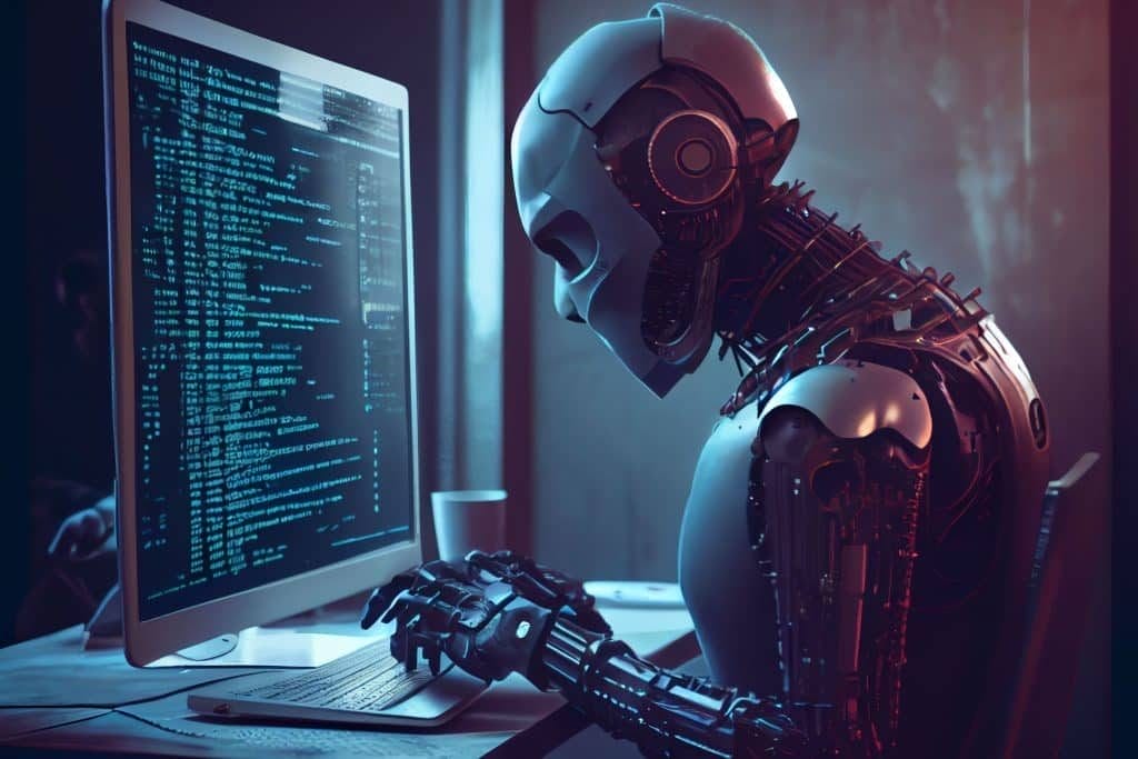 A humanoid robot sits at a desk, typing on a keyboard and looking at code