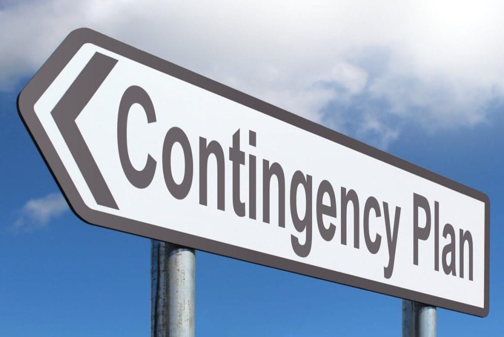 A road sign with the words "Contingency Plan" and a left arrow, set against a partly cloudy blue sky background, highlights the importance of crisis management and AI for business continuity.